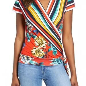 Loveappella Women's Floral Wrap Top V-Neck Short Sleeve Blouse S